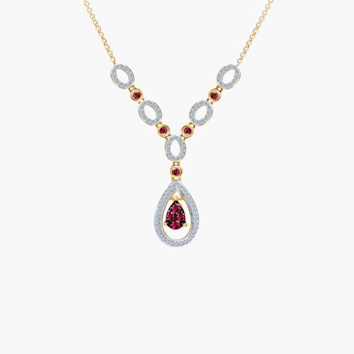 Naszyjnik łezka Savicki: złoty, diamenty, rubiny